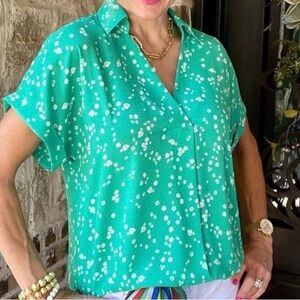 CAbi Teal and White Floral Blouse